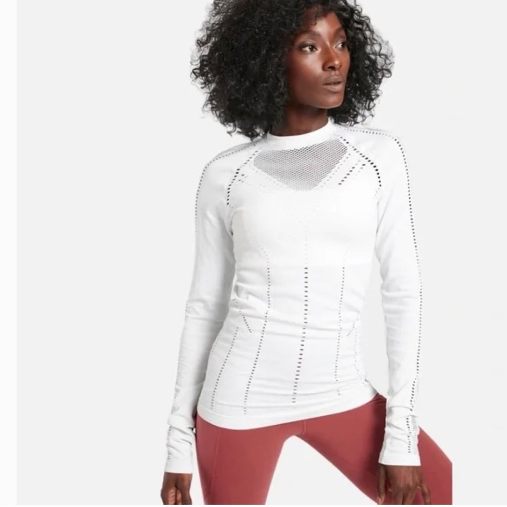 Athleta Oxygen Women Seamless Long Sleeve Mesh Cut Out Shirt Sz Sm Ivory - Picture 1 of 12